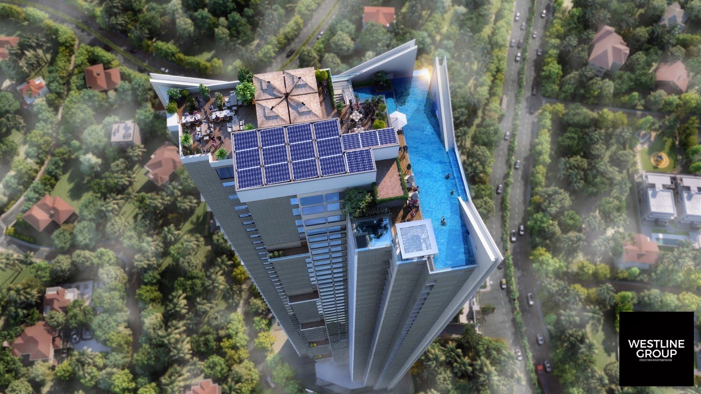 Aerial view of the Signature rooftop pool and amenity deck