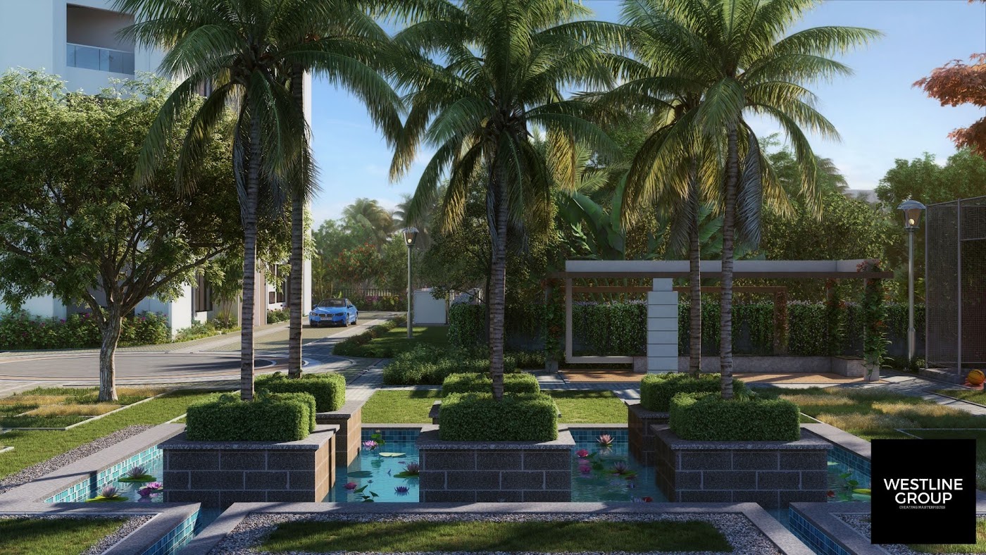 Water features and landscaping in the Signature podium gardens